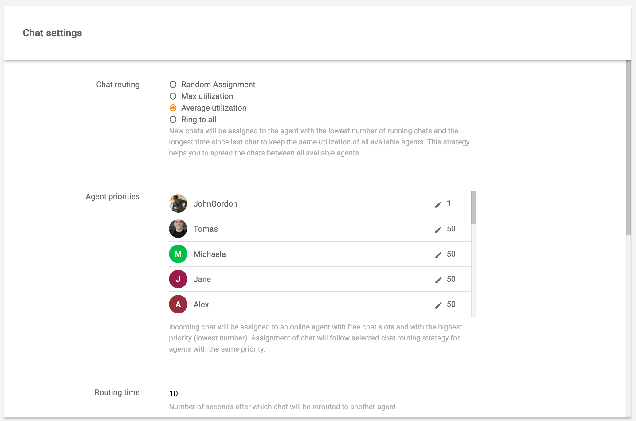 Setări chat în timp real rutare LiveAgent