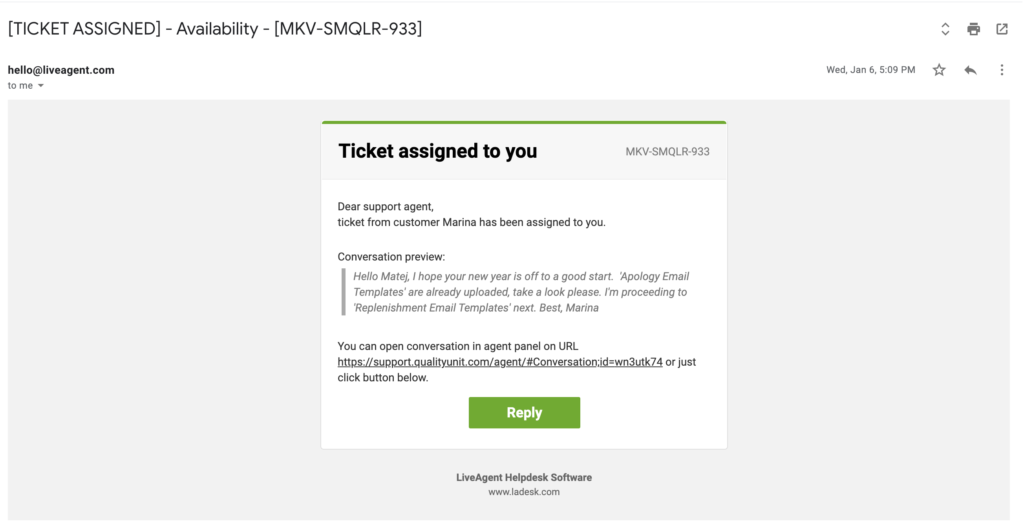 Notificare email de responsabilitate
