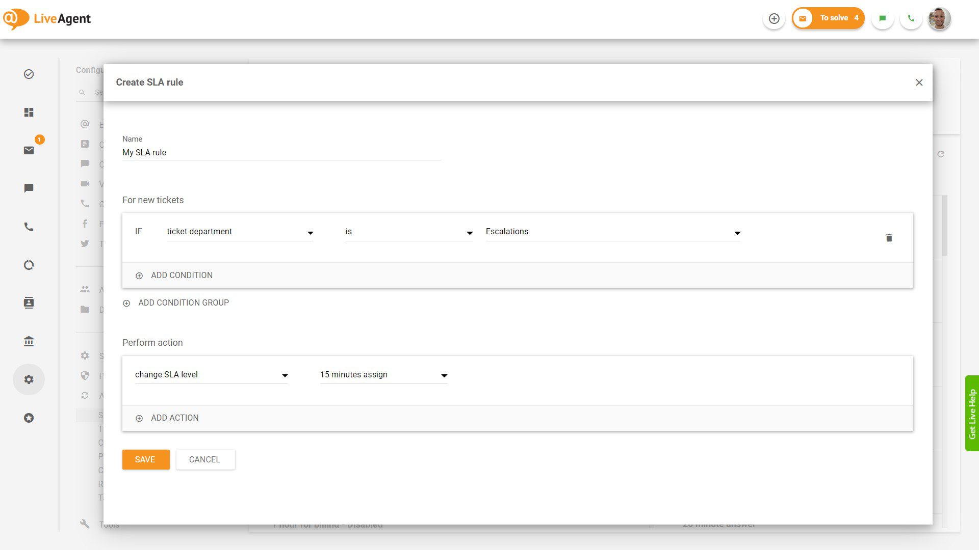 Crearea regulii SLA în LiveAgent