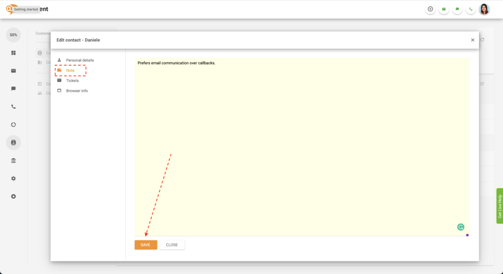 Salvați notă de contact în LiveAgent