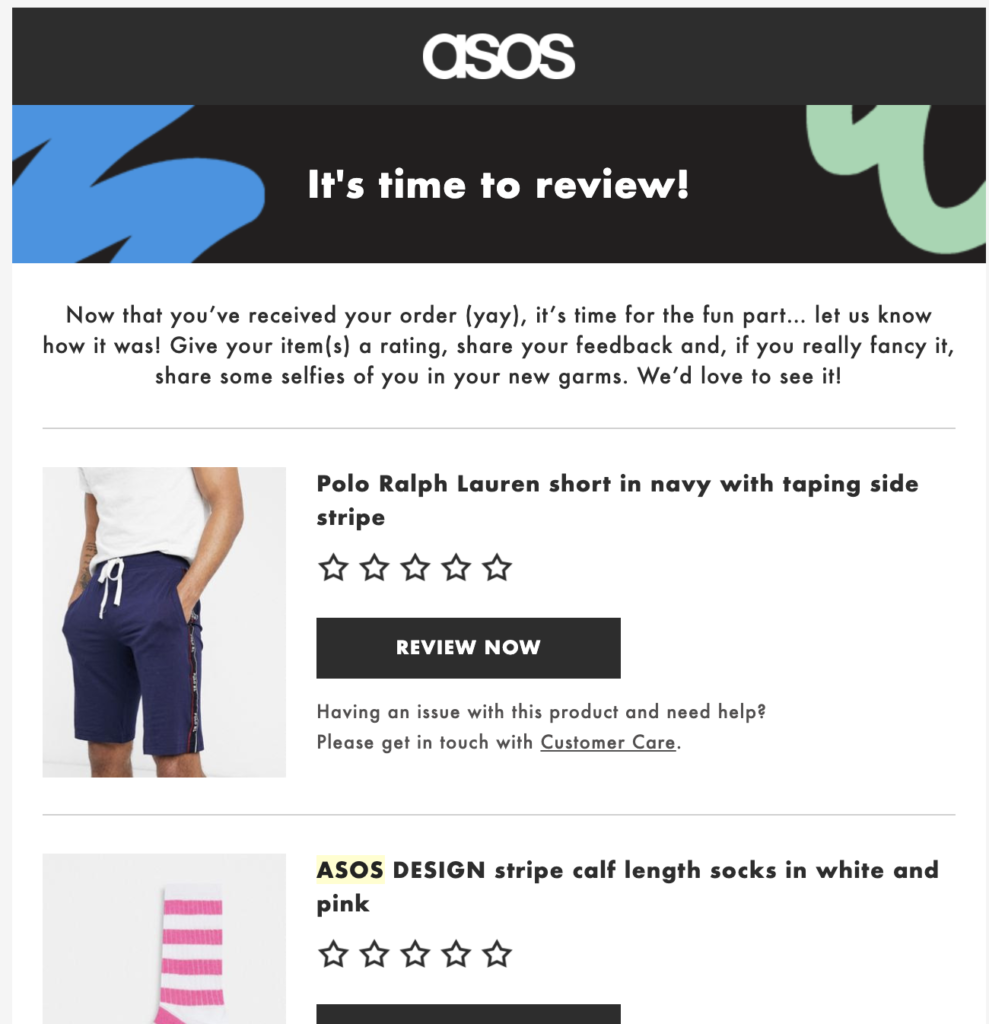 Șablon de email post-cumpărare Asos
