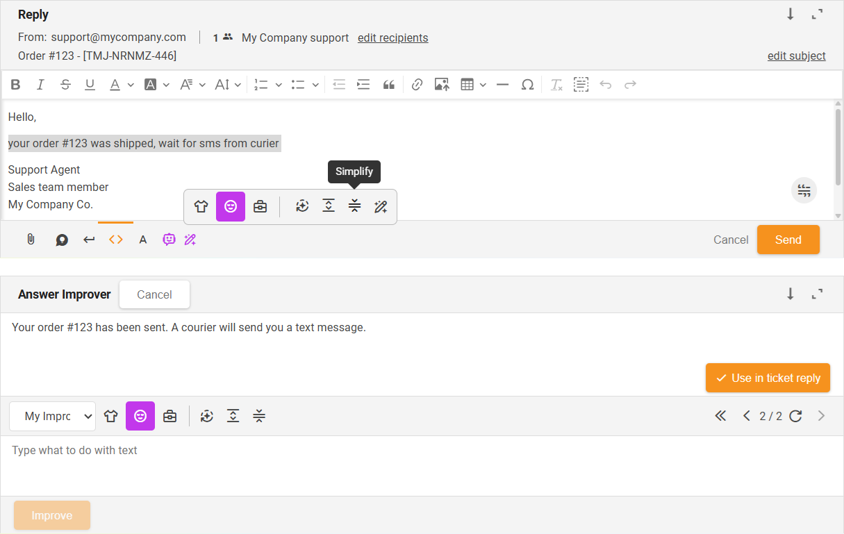 Funcția Simplificare Îmbunătățitor de Răspunsuri AI - prezentare generală a interfeței