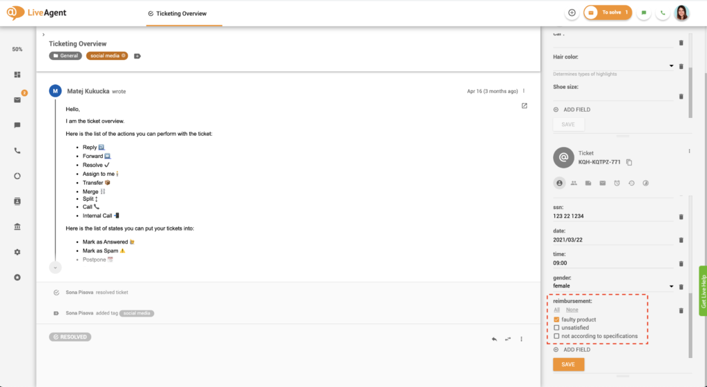 Exemplu de grup de checkbox pentru câmpuri de tichet