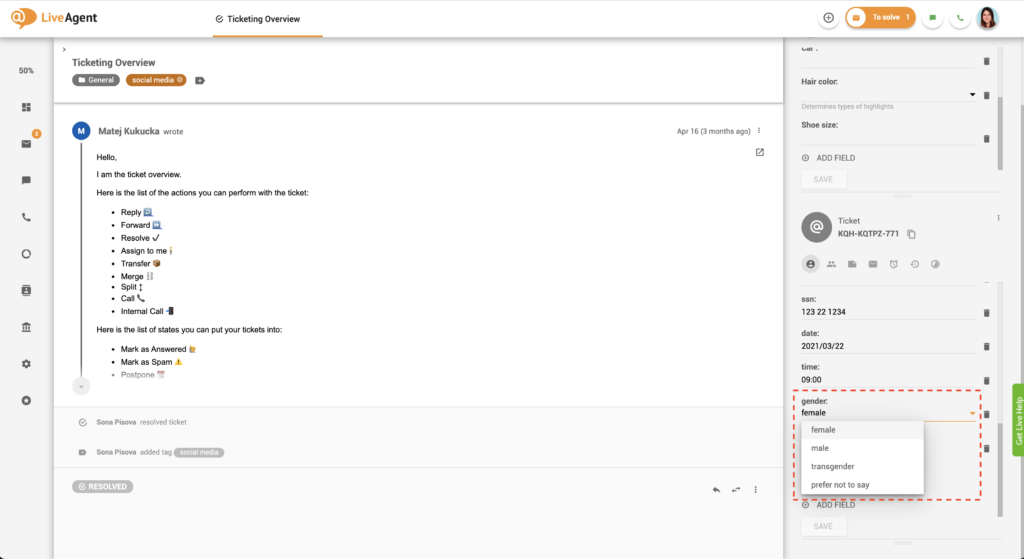 Exemplu de listbox pentru câmpuri de tichet