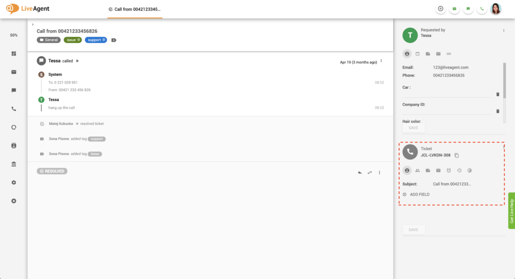 Panou de informații bilet în LiveAgent