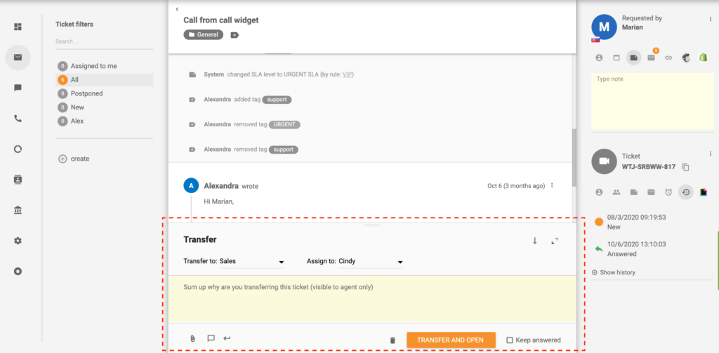 Transfer bilet în LiveAgent