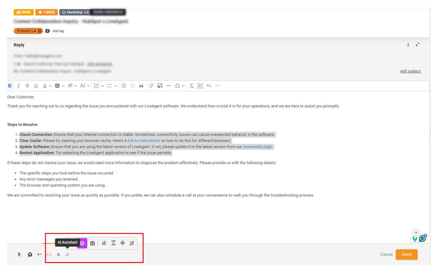 Imagine care afișează tichetul de suport și funcția Asistent AI evidențiată