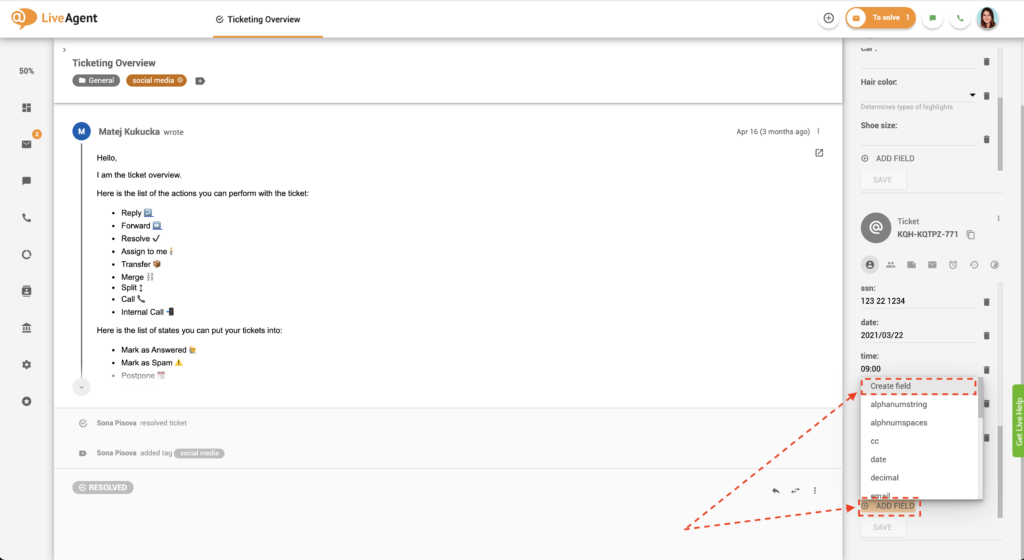 Adăugarea unui nou câmp de tichet în vizualizarea tichete