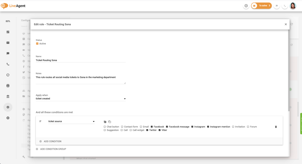 Configurarea regulilor de responsabilitate în LiveAgent