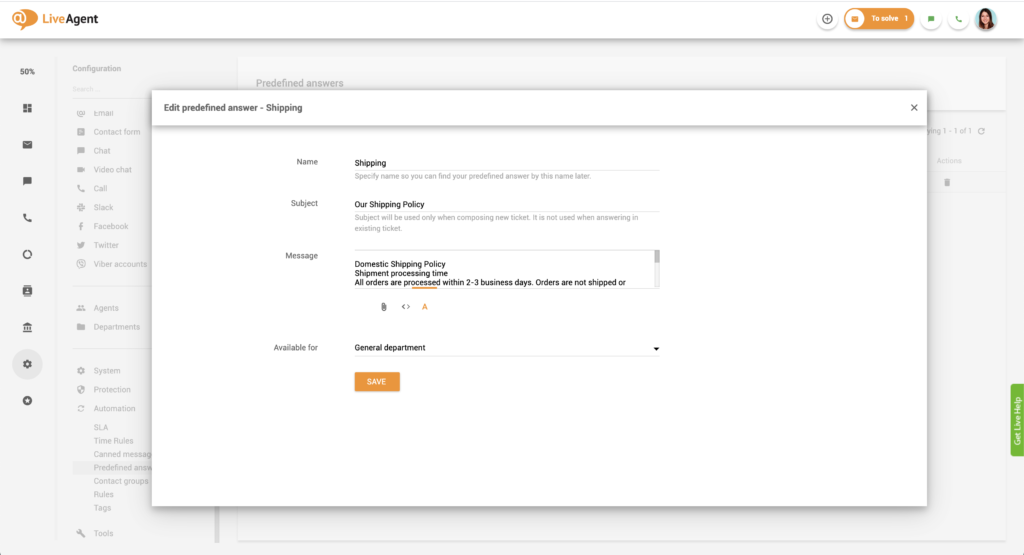 Editarea răspunsurilor predefinite în LiveAgent
