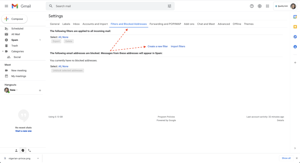 Exemplu de filtrare SPAM Gmail 1