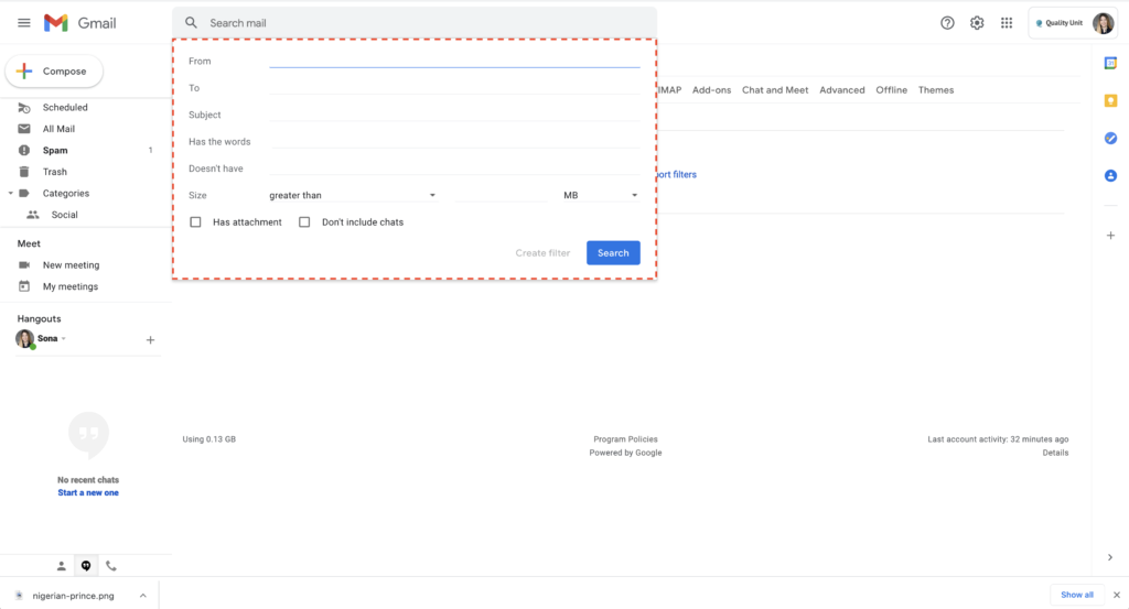 Exemplu de filtrare SPAM Gmail 2