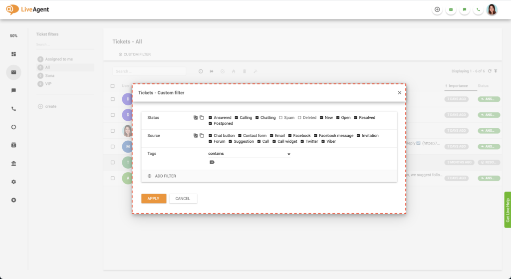 Alegerea filtrului LiveAgent