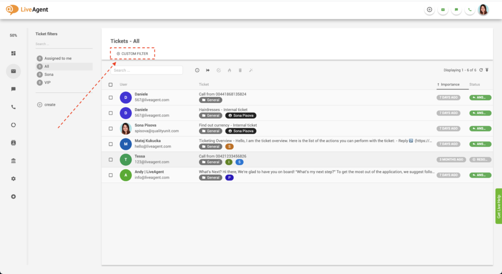 Filtru personalizat LiveAgent