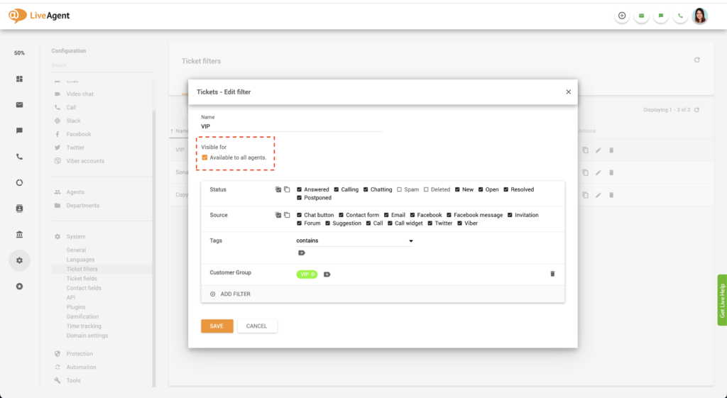 Editare filtru global LiveAgent