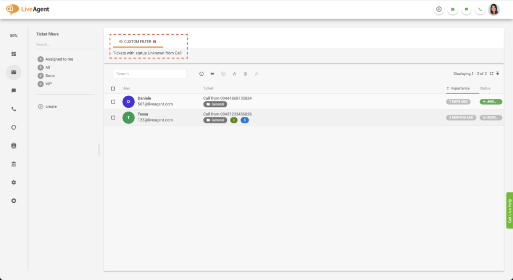Bilete filtrate LiveAgent