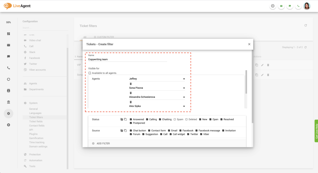 Filtru global LiveAgent
