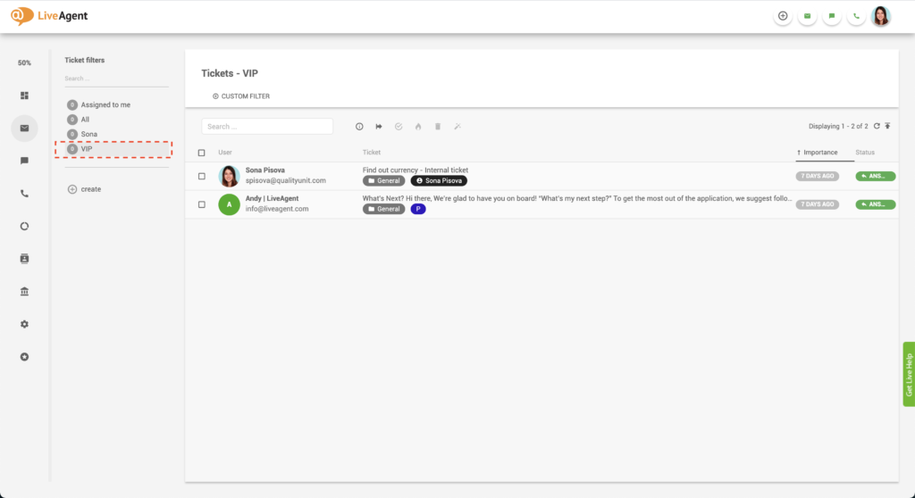 Filtru bilet VIP LiveAgent
