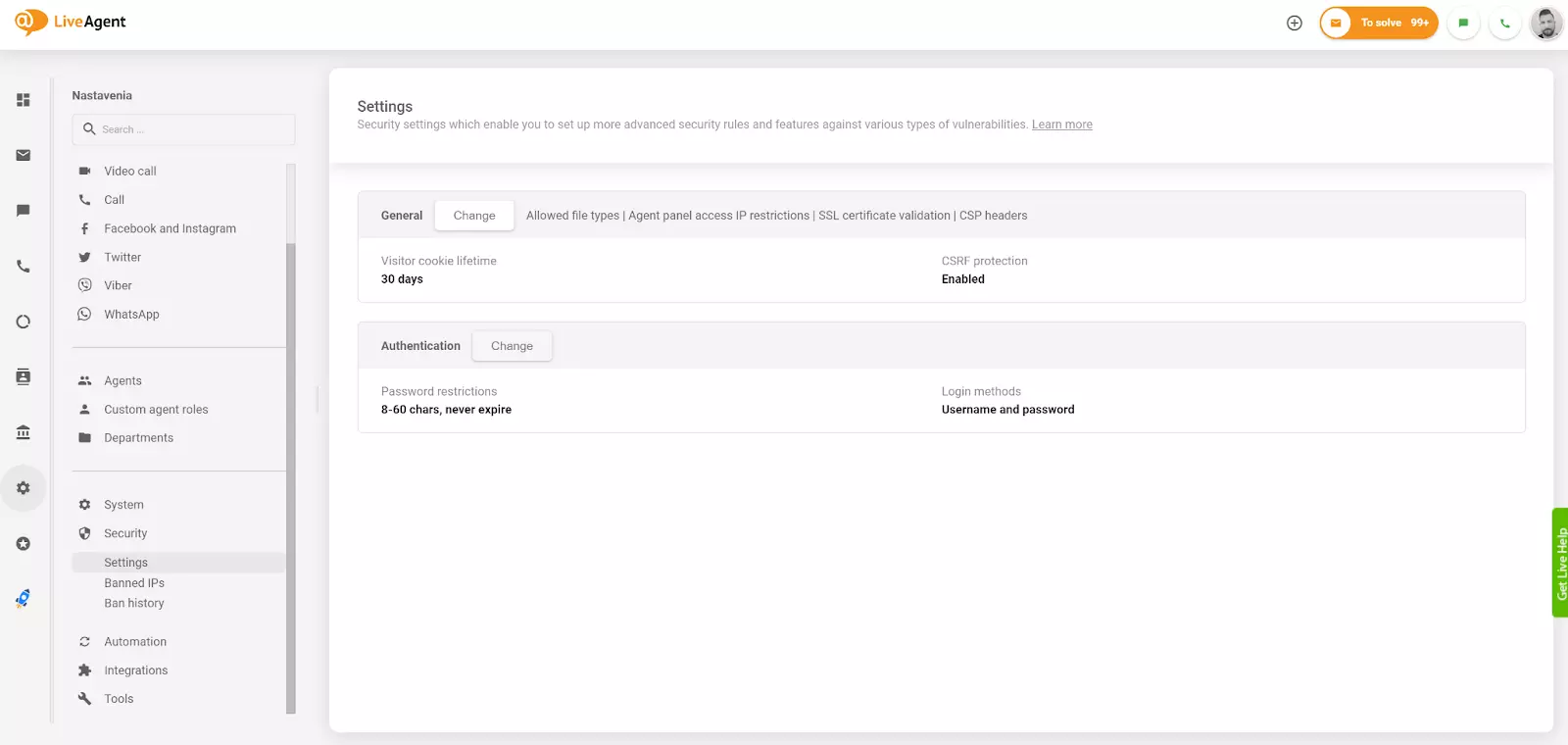 Modificare setare autentificare în LiveAgent