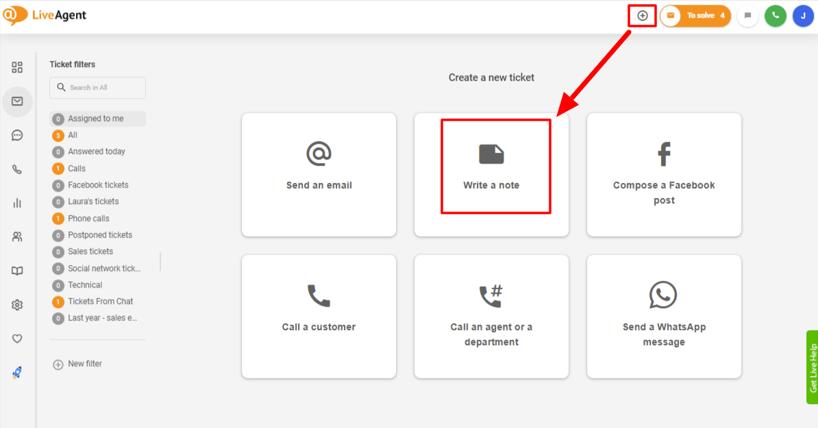 LiveAgent utilizați notițele interne pentru a crea un bilet