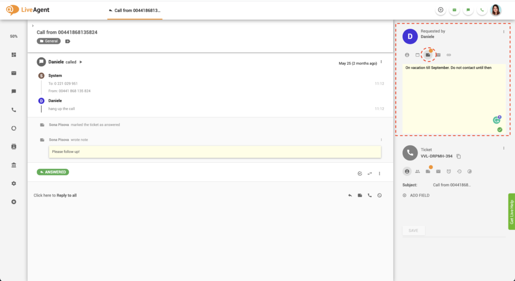 Notă de client Liveagent