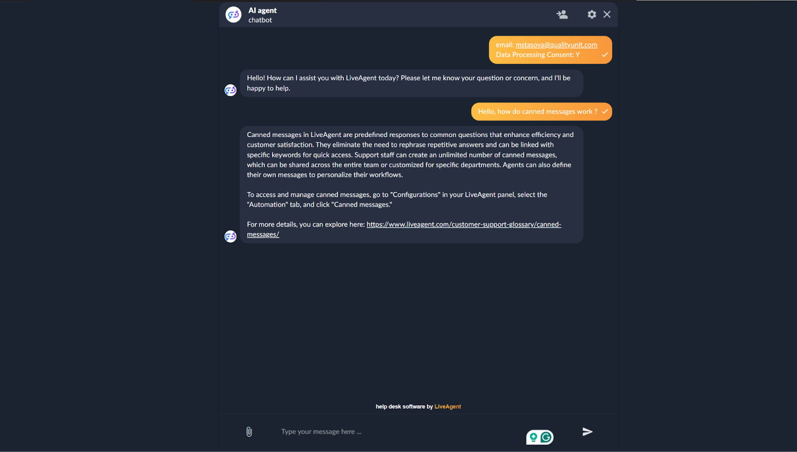 LiveAgent AI Chatbot Utilizând Surse de Cunoștințe