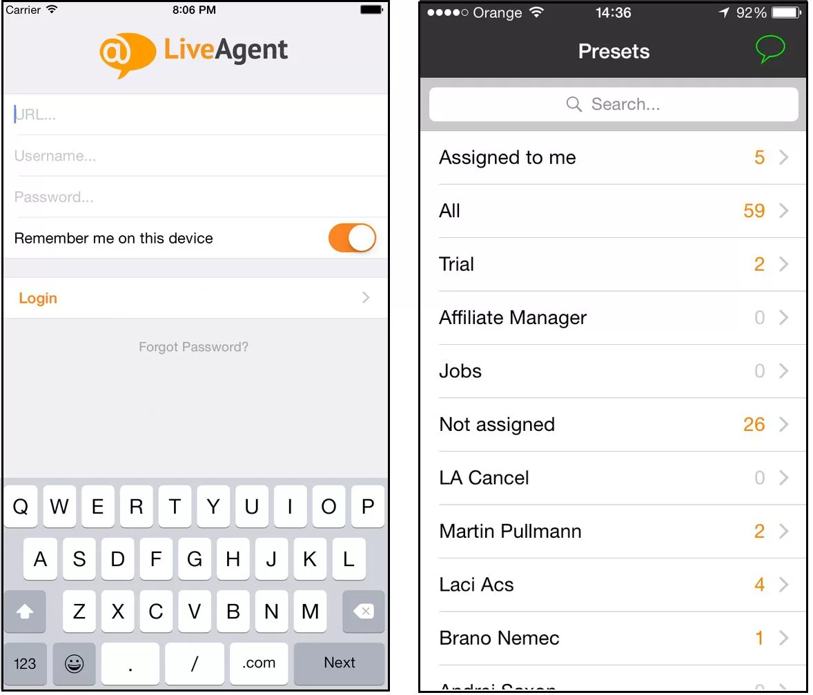 Interfața aplicației iOS LiveAgent