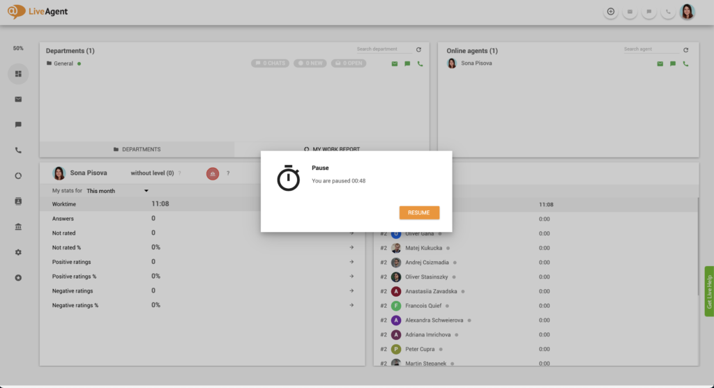 Funcția de pauză LiveAgent