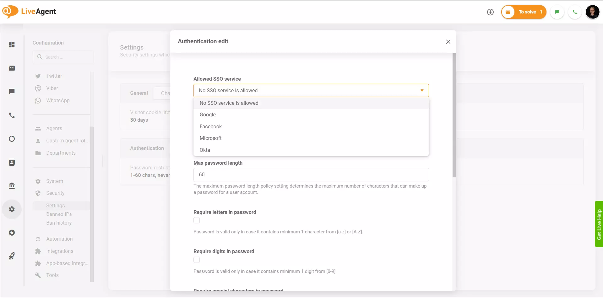 LiveAgent - furnizori SSO