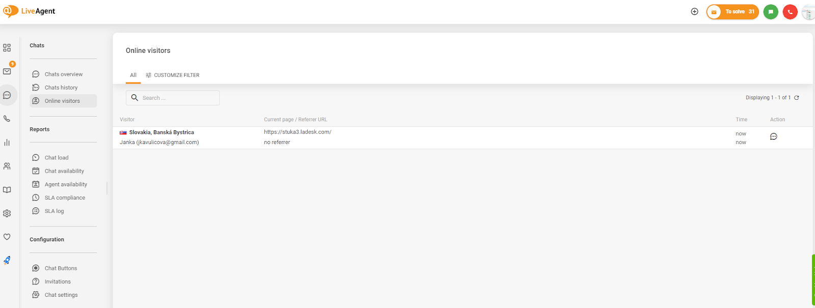 Captură de ecran a urmăririi vizitatorilor site-ului în LiveAgent
