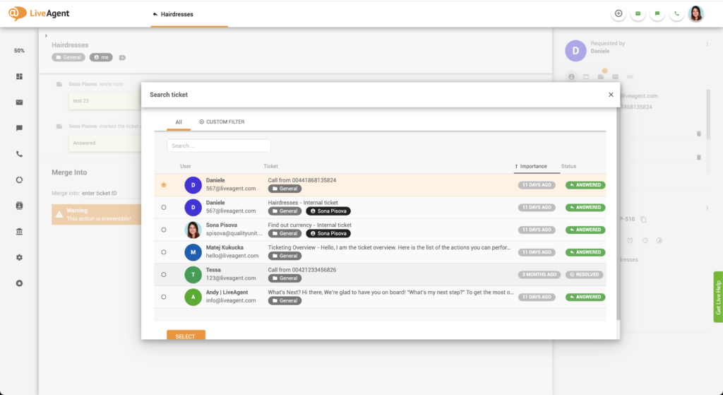 Selectați biletul de fuzionat