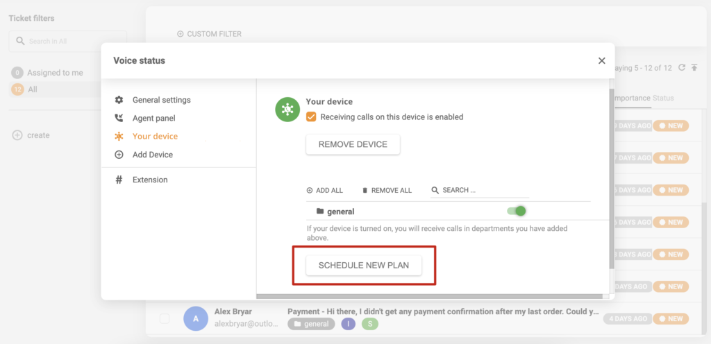 Device scheduling setup in LiveAgent