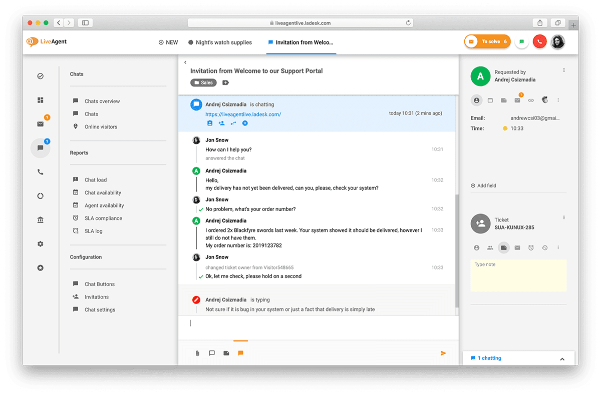 Prezentare generală a interfeței de live chat în LiveAgent.