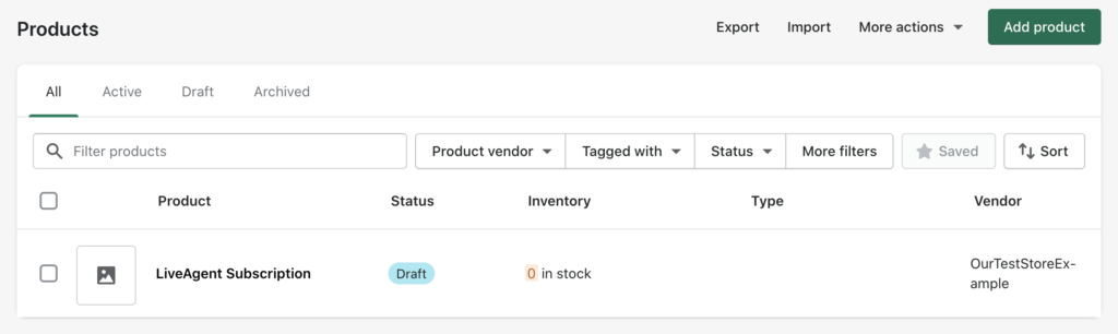 Secțiunea Produse în Shopify