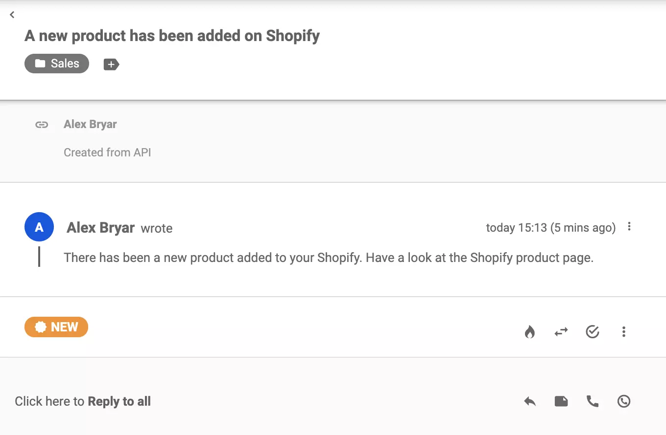 Un bilet nou care a fost trimis din Shopify după crearea unui produs