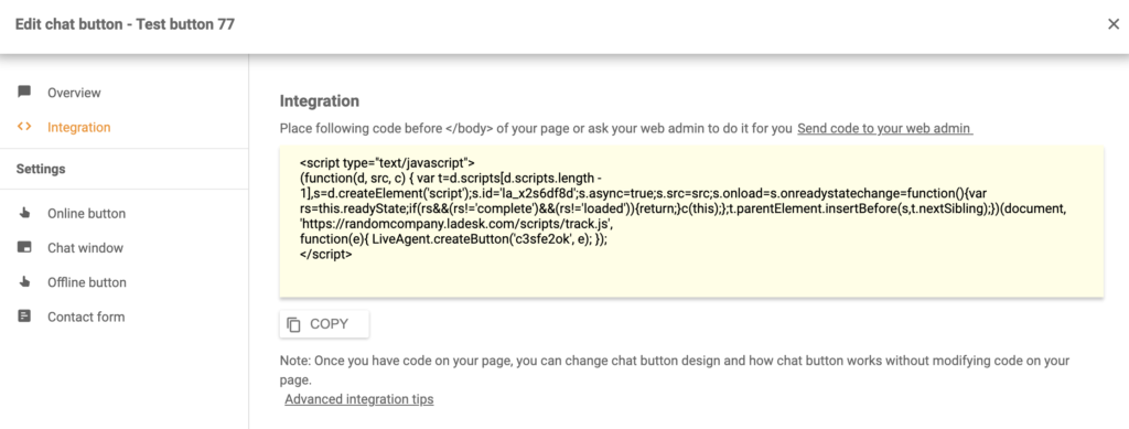 Codul de integrare Shift4shop LiveAgent