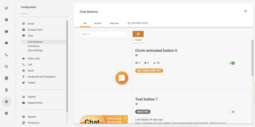 Opțiunea de creare a unui buton de chat în configurația LiveAgent