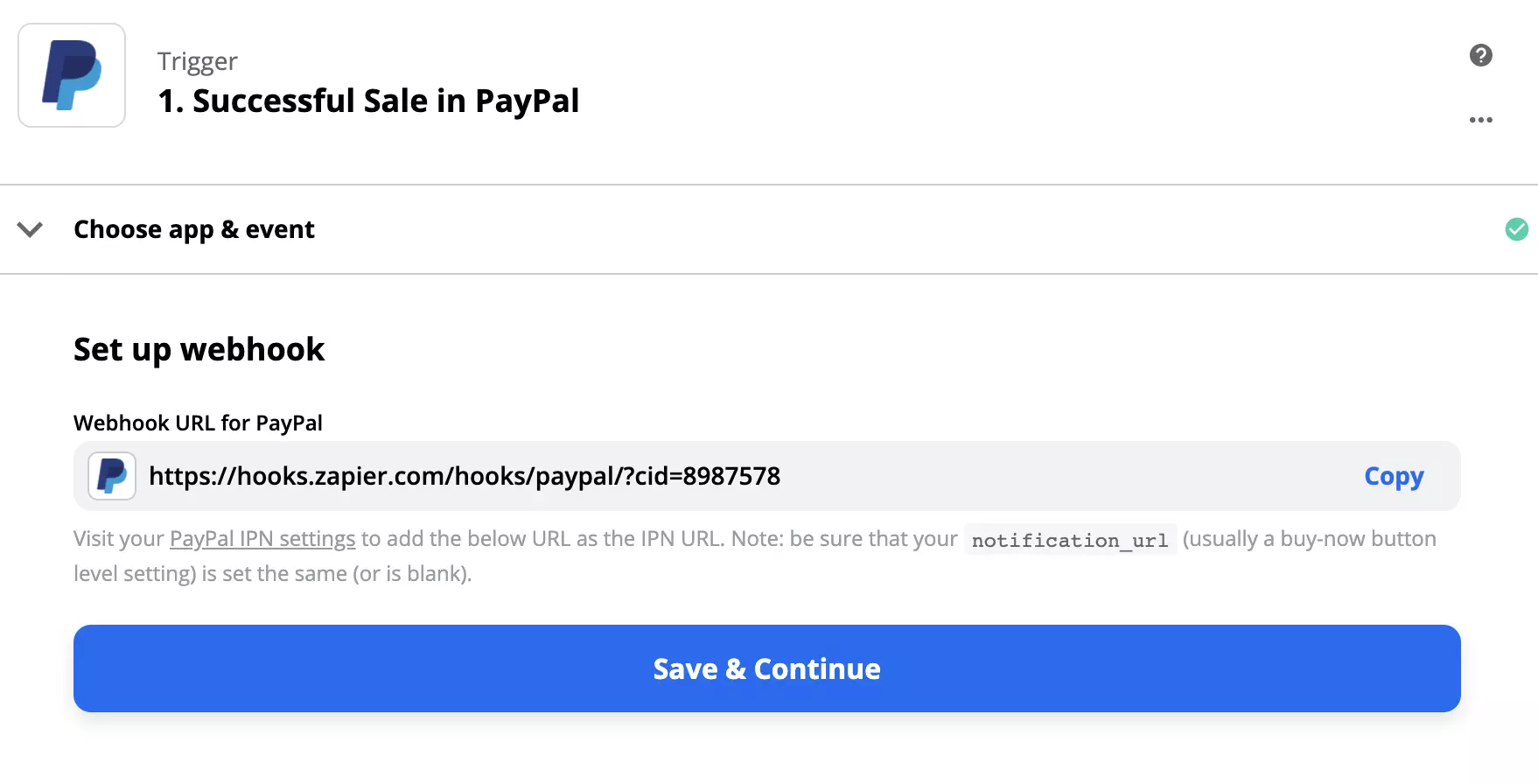 Configurarea declanșatorului PayPal cu o configurare webhook