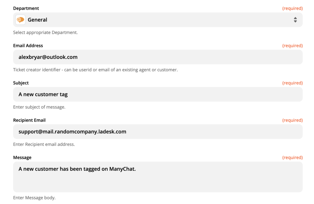 Configurarea acțiunii LiveAgent pe Zapier