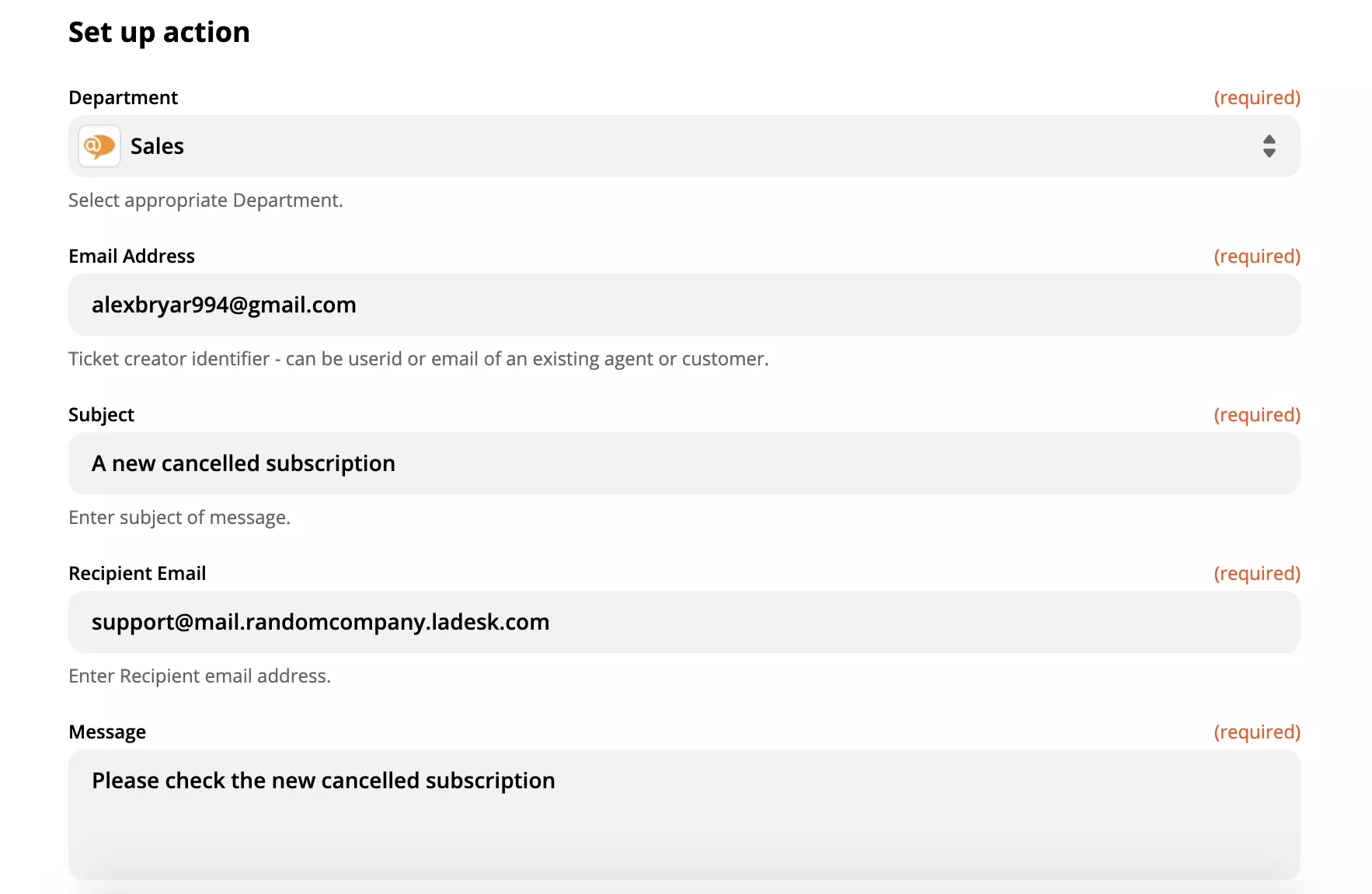 Un exemplu de configurare a unei acțiuni LiveAgent