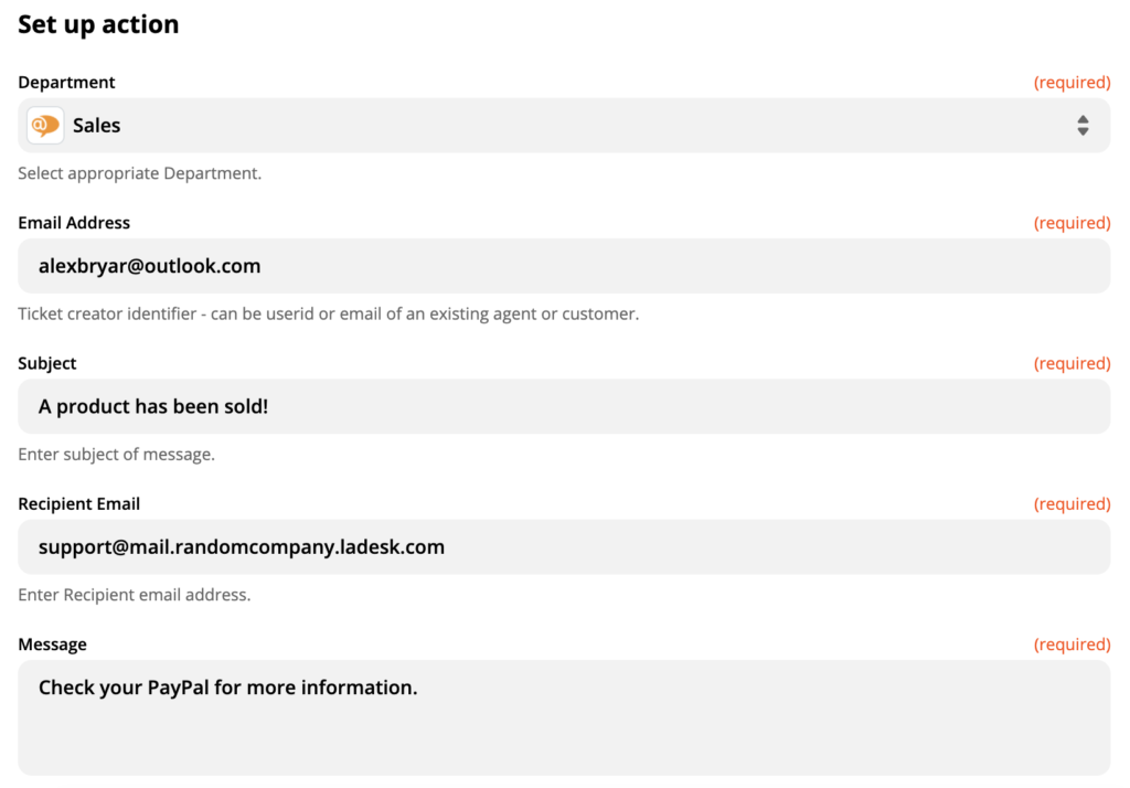 O configurare a acțiunii LiveAgent Creați o conversație nouă