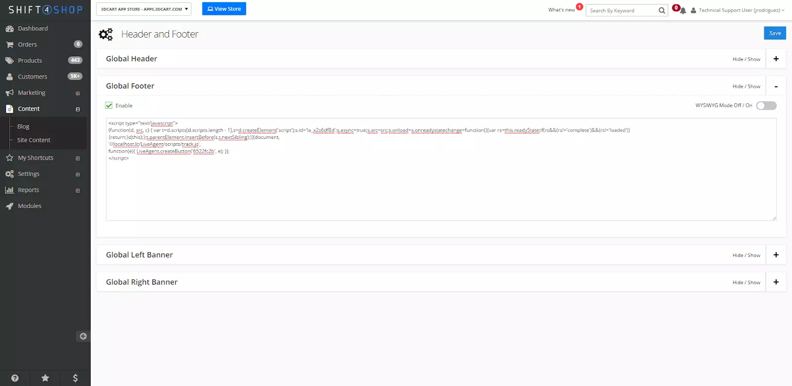 Setări Shift4Shop cu opțiune de personalizare a codului