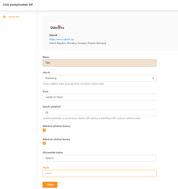 Credentiale Odorik.cz