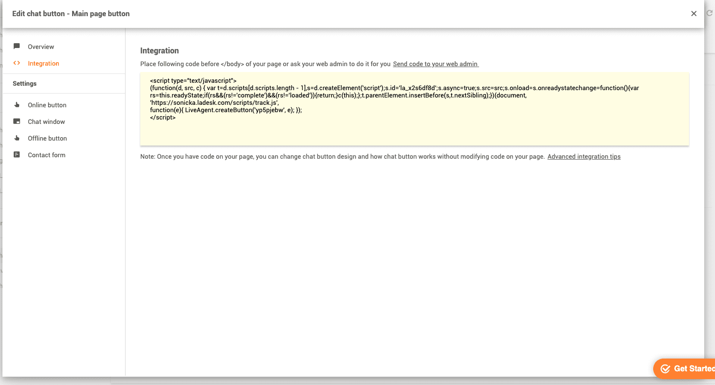 Locația codului butonului de chat LiveAgent