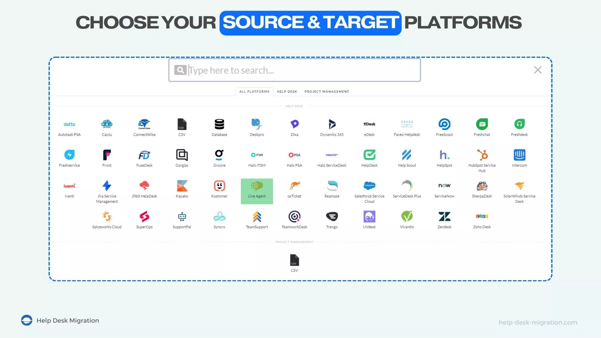 Platforme acceptate în Help Desk Migration
