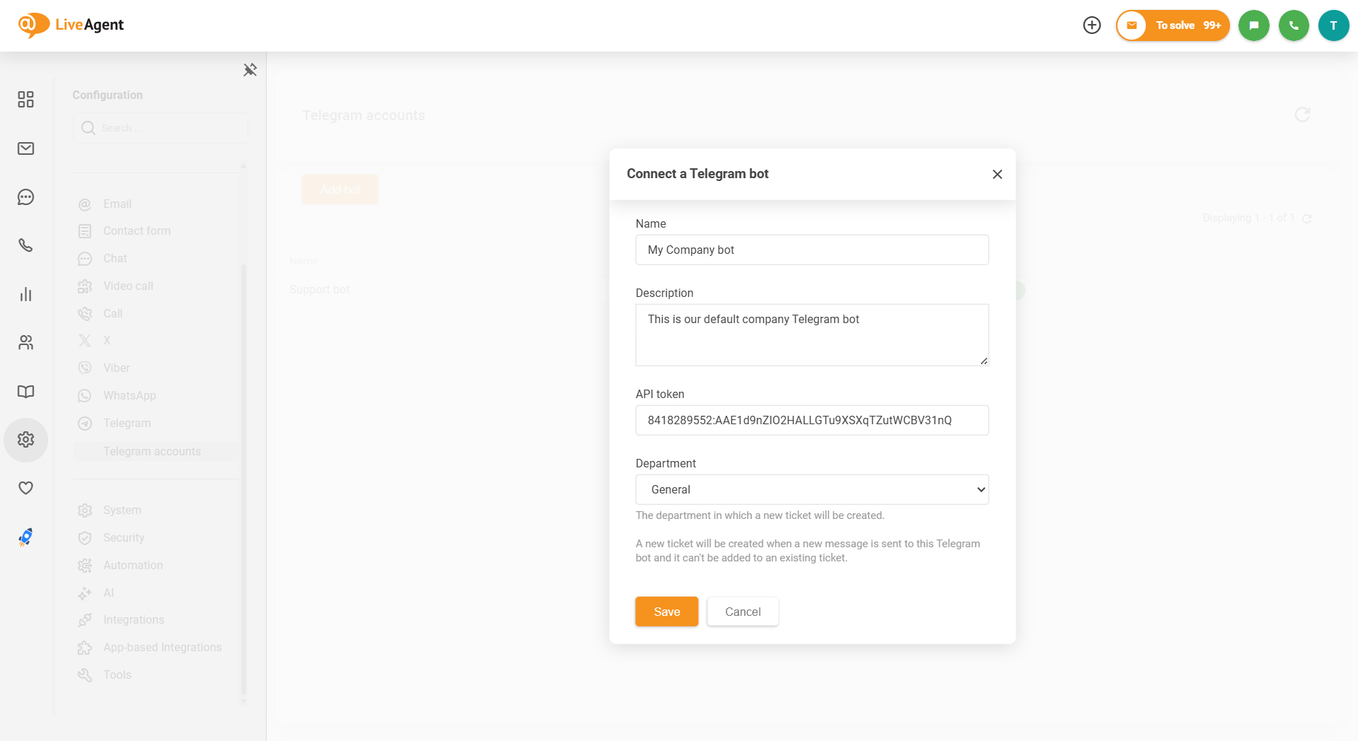 Captură de ecran a integrării Telegram LiveAgent cum să conectați botul