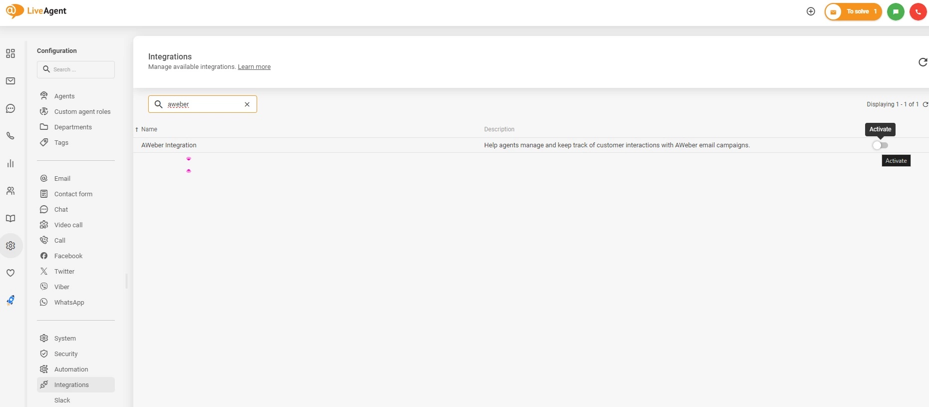 Activează integrarea AWeber în LiveAgent