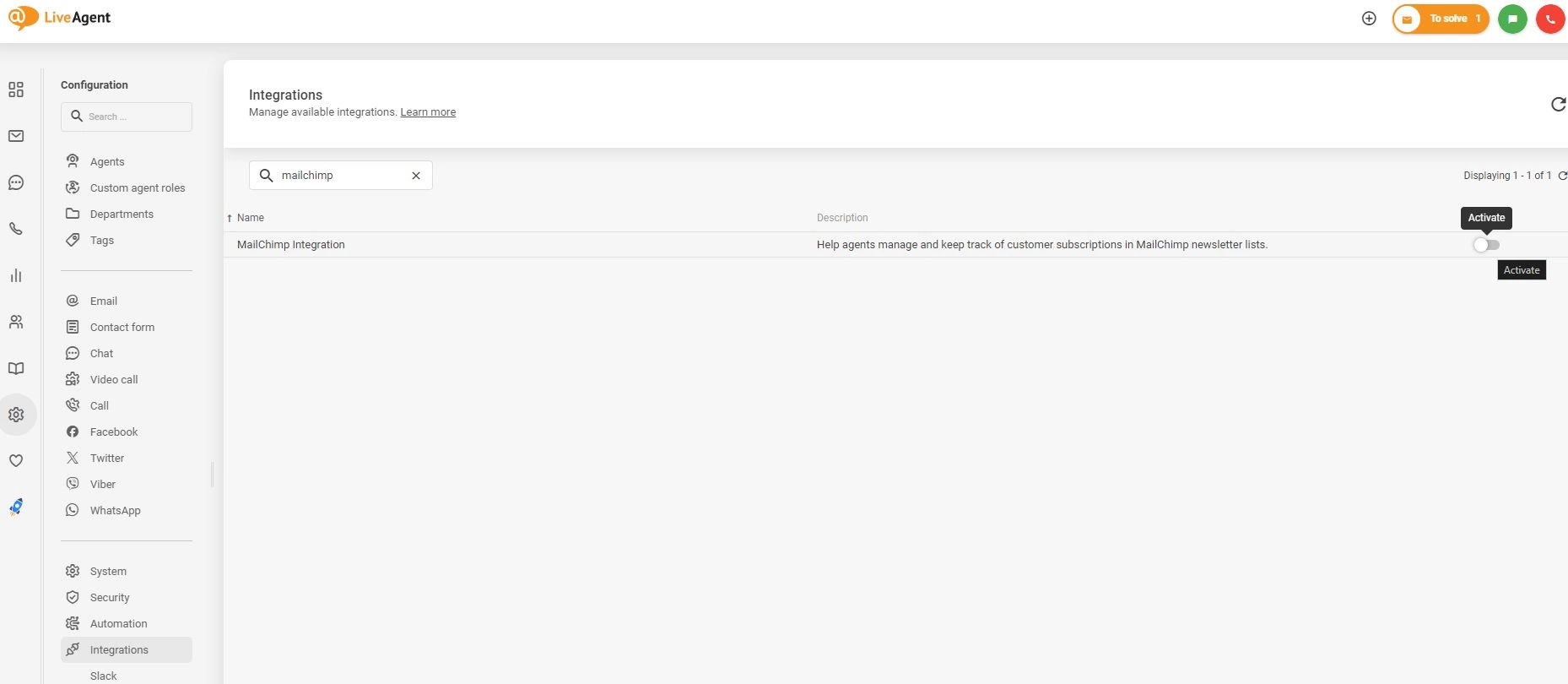 Activează integrarea Mailchimp în LiveAgent