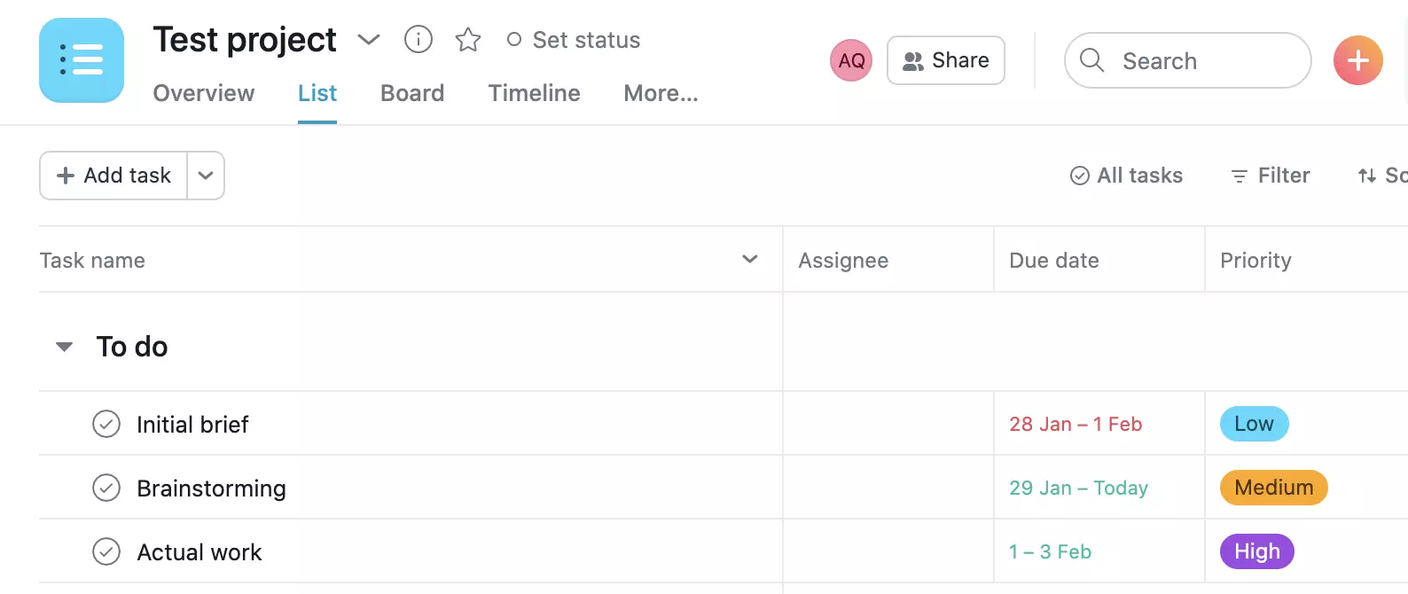 Exemplu de proiect Asana