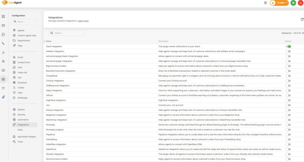 Activați integrările în LiveAgent